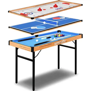 SereneLife Multifunktionstisch, Multigame Spieltisch – 4 in 1 mit Zubehör, Billardtisch, Tischtennis, Airhockey Tisch & Curling Tischspiel, Multispieltische- 126cm, Für Kinder & Erwachsene