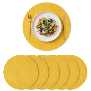 Artoid Mode Gelb PU Faux Leather Round Platzsets 6er Set, 38cm Tischsets Schmutzabweisend Hitzebeständig Platzdeckchen Küche Deko