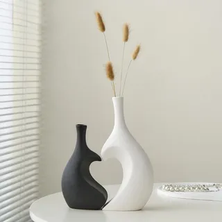 Keramik Herz Vase Modern Schwarze und Weiße Matt Vasen Set, Deko Vase für Blumen, Rustikale Deko Vasen für Wohnzimmer, Aesthetic Tischdeko