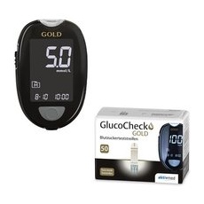 GlucoCheck Gold Set (mmol/L) zur Kontrolle des Blutzuckers mit 60 Teststreifen