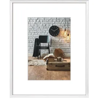 Hama Bilderrahmen 30 x 40 cm, mit Papier-Passepartout 20 x 27 cm, hochwertiges Glas, Kunststoff Rahmen, zum Aufhängen, weiß