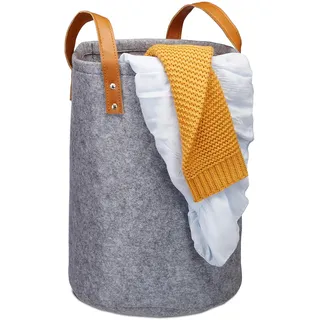 Relaxdays Wäschekorb Filz, Tragegriffe aus PU-Leder, 28 l Aufbewahrungskorb Kinderzimmer, Bad, HxD 45 x 30 cm, anthrazit, 1 Stück