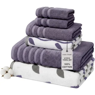 Amrapur Overseas Modern Threads Handtuch-Set, 6-teilig, gefärbt, Bio-Ranken, Jacquard/solide, ultraweich, 500 g/m2, 100% gekämmte Baumwolle, Grau/Lavendel