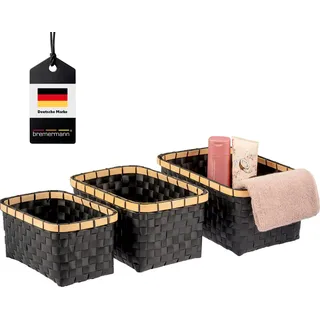 bremermann Aufbewahrungskörbe 3er Set, Bambus/PP Streifen, schwarz - Schwarz