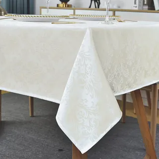 SASTYBALE Rechteckige Tischdecke - 152 x 259 cm Beige Damast Tischdecke Jacquard Design Auslaufsicher Knitterfrei Wasserdicht Weich Polyester Länglich Tischdecke für Küche Party Tischplatte