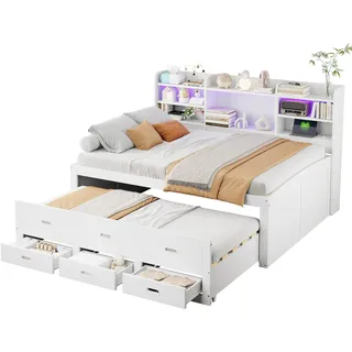 Stauraumbett mit Schubladen, Lattenrost, Regal und Gästebett (140x200 cm) Doppelbett, Kinderbett, Holzbett, Kiefer - Weiß
