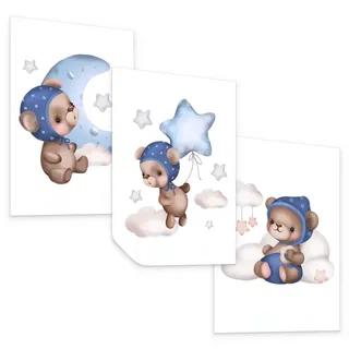 Muralo Poster SET für Kinderzimmer Teddybären Ballons Sterne Wolken 3x Poster A3 30x42cm , Rosa, Braun, Weiß, Beige , Papier , Tiere, Märchen/ Fantasie , Rechteckig , 30x42x1 cm , Bilder & Rahmen, Bilder, Sonstige Wandbilder
