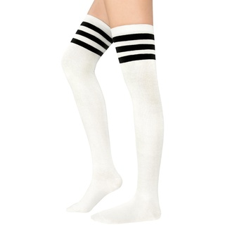 Durio Overknees Kniestrümpfe Damen Winter Hohe Socken Damen Thermo Lange Strümpfe Damen Warme Lange Socken Einheitsgröße Weiß mit Schwarze Streifen