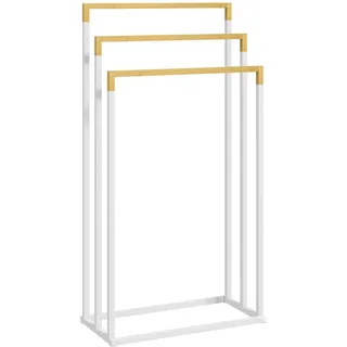 Kleankin Handtuchhalter Freistehend, Handtuchständer mit 3 Handtuchstangen Weiß , Holz , 22.5x86x45 cm , Badezimmer, Badezimmerausstattung, Handtuchhalter