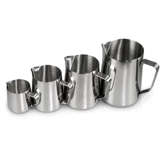 Ganzoo Set Milchkännchen aus Edelstahl, 4x Milchkanne 1000ml 500ml 350ml 150ml, Barista Kännchen mit Henkel und Ausgießnase, zum Aufschäumen und Erhitzen, für Dampfdüse, Herd/Kochplatte, Silber