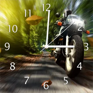 Wallario Design Wanduhr Fahrendes Motorrad im Wald mit Herbstlaub aus Echtglas, Größe 30 x 30 cm - Schwarz