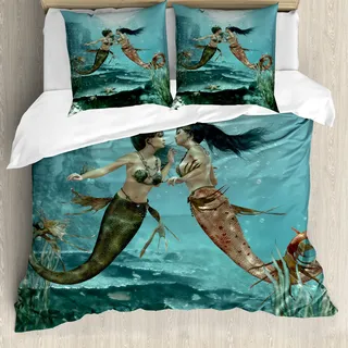 ABAKUHAUS Meerjungfrau Bettbezug, Sea Star und Algen, Milbensicher Allergiker geeignet mit Kissenbezügen, 155 cm x 220 cm - 80 x 80 cm, Mehrfarbig