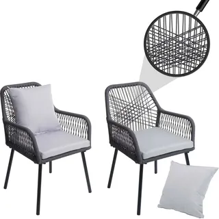 2er-Set Gartenstuhl HWC-O12, Outdoor Sitz-/Rückenpolster Aluminium Seilgeflecht Rope anthrazit, Bezug grau - Grau