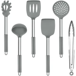 TEAMFAR Küchenhelfer Set, 6 Stück Silikon Küchenutensilien Kochbesteck mit Edelstahlgriff, Hitzebeständiger Pfannenwender Kochutensilien Set zum Kochen, Leicht zu Reinigen & Spülmaschinenfest, Grau