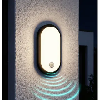 Oktaplex Plato Außenlampe mit Bewegungsmelder und Dauerlicht Schalter 3000K warmweiß 1010lm IP65 LED Wandleuchte Oval anthrazit 10,5W 230V