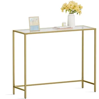 VASAGLE Konsolentisch, Beistelltisch, Oberfläche aus Hartglas, moderner Sofatisch, einfacher Aufbau, verstellbare Füße, Wohnzimmer, Flur, helles Gold-transparent LGT26G