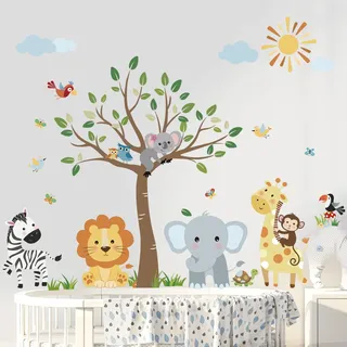decalmile Wandtattoo Dschungel Waldtiere Baum Wandaufkleber Elefant Affe Giraffe Koala Wandsticker Babyzimmer Kinderzimmer Schlafzimmer Wanddeko