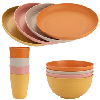 FUNYKICH 12 Teiliges Camping Geschirr Set für 4 Personen, BPA-Frei, Orange | Leicht & Unzerbrechlich, Wiederverwendbar & Hitzebeständig, 4xTeller+Schalen+Tassen, Geschirrset für Picknick Camping Kinder
