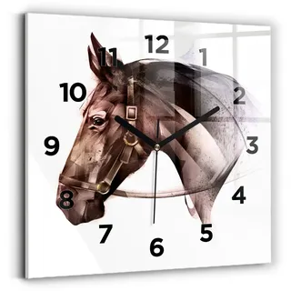 Wallfluent Wanduhr – Stilles Quarzuhrwerk - Uhr Dekoration Wohnzimmer Schlafzimmer Küche - Zifferblatt - schwarze Zeiger - 30x30 cm - Gemaltes Profil eines Pferdes - Braun