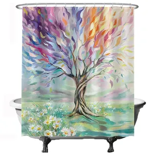 Ulticool Duschvorhang - Natur Baum Tree of Life - 180 x 200 cm - waschbar - Anti Schimmel - mit 12 Ringen - Violett Grün Blau Gelb