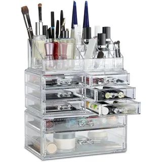 Relaxdays Make Up Organizer mit Schubladen, stapelbarer Schmuckkasten f, Acryl Schminkaufbewahrung, transparent, 2 x 72 x 36.5 cm