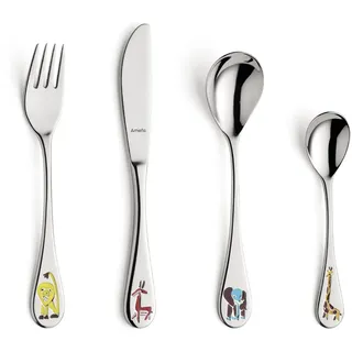 Amefa SAFARI Besteck-Set für Kinder ab 3 Jahren, rostfrei, spülmaschinenfest & poliert, im Geschenketui, 18/10 Edelstahl, Silber, 4-teilig, 4