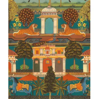 Rasch Vliestapete Petrol Orange Indisch Palast Tiger Pferd 746211