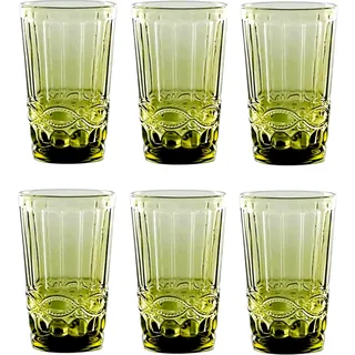 GMMH Vintage 6er-Set Farbige Weingläser und Trinkgläser mit Prägung Relief (Schleife, Grün, Trinkglas) Weinglas, Kelch Wasserglas, Longdrinkgläser, Cocktail Gläser, Glas, Glaskelche