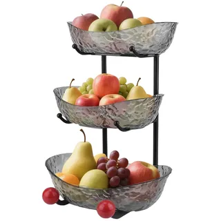 Asaiy Obst Etagere 3-stöckig aus Kunststoff – Ovaler Obstkorb mit Metallständer, Modernes Obstschale Set zur Aufbewahrung von Obst, Gemüse, Snacks & Süßigkeiten (Anthrazitgrau)