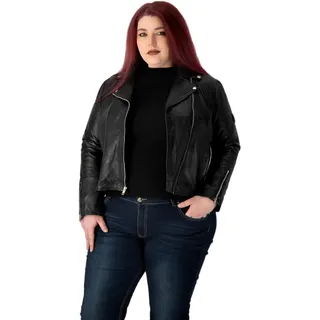 URBAN 5884 Plus Size MIKA Damen Lederjacke, Herbstjacke aus weichem und strapazierfähigem echtem Lammfell, Damenjacke im Biker-Stil für die kurvige Figur, Schwarz, 48