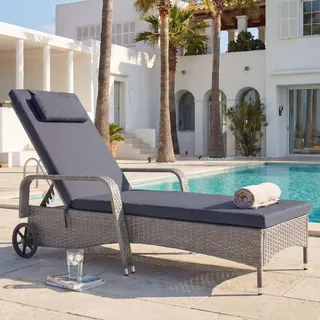 Poly-Rattan Sonnenliege Carrara, Relaxliege Gartenliege Liege, Alu  grau, Kissen dunkelgrau - Grau