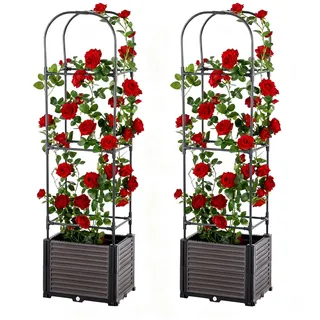 2 Stück Hochbeet mit Rankgitter, Blumenkasten mit Spalier für Kletterpflanzen, Gartenbeet Rankhilfe aus Metall & PP, Gartenspalier mit Selbstbewässerung, Pflanzkasten Garten Balkon, 40x40x150cm