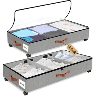 YTACREA Unterbett Aufbewahrungsbox mit Rollen 2 Stück, Unterbettkommode mit Klarer Deckel Reißverschluss, Verstellbar Trennwand, Schuhaufbewahrung, Unterbettbox for Schuhe, Kleidung, Spielzeug, Grau