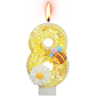 Alaoo Geburtstagskerzen Zahlen 8, 3D Honigbiene und Blume Geburtstagskerzen, Gelb Glitzer Geburtstagskerzen,Kuchen Topper Dekoration Kuchendeko Geburtstag, Partyzubehör