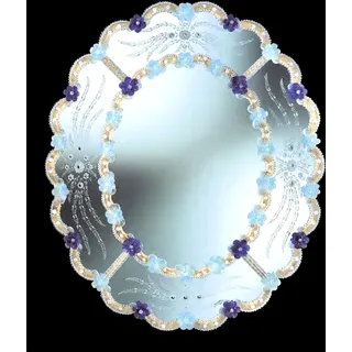 Spiegel Oval mit Blumen Glas Murano Beads Gold Blau Graviert A Hand IN Italien