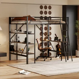 Sweiko 90x200cm Bettgestell Metallbett, Eisenbett, Hochbett mit Schreibtisch und drei großen Ablagen für Kinder, Jugendliche und Erwachsene, 90x200 cm, schwarz - Schwarz