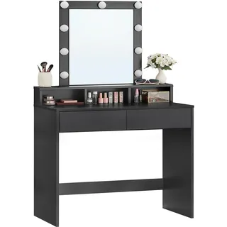 VASAGLE Schminktisch mit LED-Beleuchtung, einstellbare Helligkeit, Frisiertisch mit Spiegel, Kosmetiktisch mit 2 Schubladen und 3 offenen Fächern, Frisierkommode, modern, schwarz RDT114T16