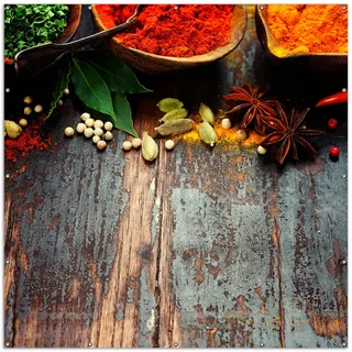 Wallario XXL Outdoor-Poster für Garten oder Balkon, Motiv Gewürze auf Holz - uriger Holztisch in der Küche, in ca. 200 x 200 cm - Braun