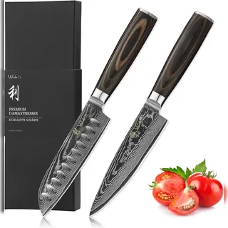 Wakoli EDIB Essentials Küchenmesser Set - 12cm & 13cm Damastmesser Set aus 67 Lagen - Holzgriff - Scharfe Messer in Geschenkbox & Fingerschutz - Kochmesser und Santoku Messer - Küchenmesser & -sets