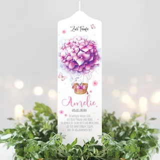 Wandtattoo Loft Taufkerze Mädchen Taufspruch, Motiv Heißluftballon aus rosa Blumen, 25cm x 8cm, personalisierte Kerze, bedruckte Kerze zur Taufe, Stumpenkerze, Geburtskerze, Taufgeschenk