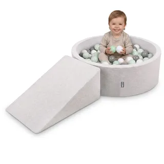 KiddyMoon Spielplatz mit bällebad 90x30cm und Rampe 200 Bälle 7cm Schaumstoff ballgrube für Baby und Kleinkinder - Hellgrau: Weiß Grau Minze