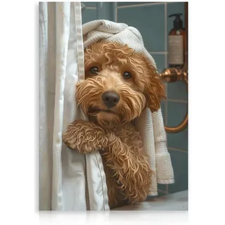 Dazzlewall Lustige Tier Badezimmer Leinwand Bild Niedlicher Hund Duschvorhang Poster Kunstwerk für Toilette Badezimmer 30×40 cm Ungerahmt
