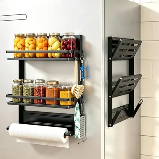 Magnetisches Gewürzregal Wand Ohne Bohren, Doppellagig und 4 Haken, mit 4 Schrauben, Gewürzregal Magnetisch mit Papierhalter auf Küchenrolle aus Edelstahl für Kühlschrank, Küche und Badezimmer