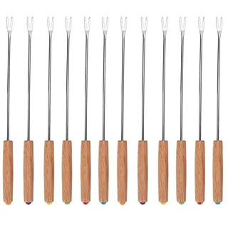 Grillgabel aus rostfreiem Edelstahl, 12 teiliges Edelstahl Barbecue Gabel Spieß Set mit Holzgriff, Tragbar Stockbrot Stöcke Roasting Sticks Schaschlikspieße für BBQ, Camping Grill