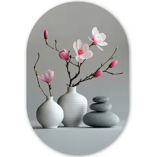 MuchoWow Wandbild Magnolie - Blumen - Rosa - Zen-Steine Deko Wohnzimmer 40x60 cm , Hellgrau , Kunststoff , Oval , 40x60 cm , einfache und schnelle Anbringung , Bilder & Rahmen, Bilder, Sonstige Wandbilder