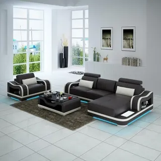 Ledersofa Couch Wohnlandschaft Ecksofa+Sessel  Eck Garnitur Modern Sofa + USB - Schwarz