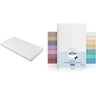 Traumnacht BT Kiddy Kindermatratze, 60 x 120 cm & Julius Zöllner 8380313100 Jersey Spannbetttuch Doppelpack für das Kinderbett, Gr. 60x120 / 70x140, weiß, 2er Pack