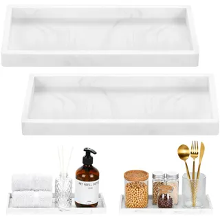 Luxspire Bad Eitelkeit Tablett - 2 Packungen (30 x 13cm) Silikon Seifenschale für Küche Arbeitsplatte Waschbecken, Bad Counter Tablett für Seifenspender Schmuck Zubehör, Weißer Marmor
