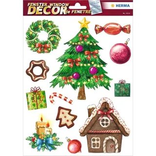 HERMA 15114 Fensterbilder Weihnachten Weihnachtsbaum Lebkuchen, 12 Stück, selbstklebend, Kinder Fensteraufkleber, ablösbare Winter Fenstersticker, Fensterfolie Kinderzimmer Dekoration Weihnachtsdeko