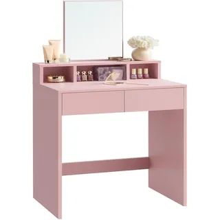 VASAGLE Schminktisch mit großem Spiegel, Frisiertisch, 2 Schubladen, 3 offene Fächer, Kosmetiktisch, modern, pastellrosa RDT103R01